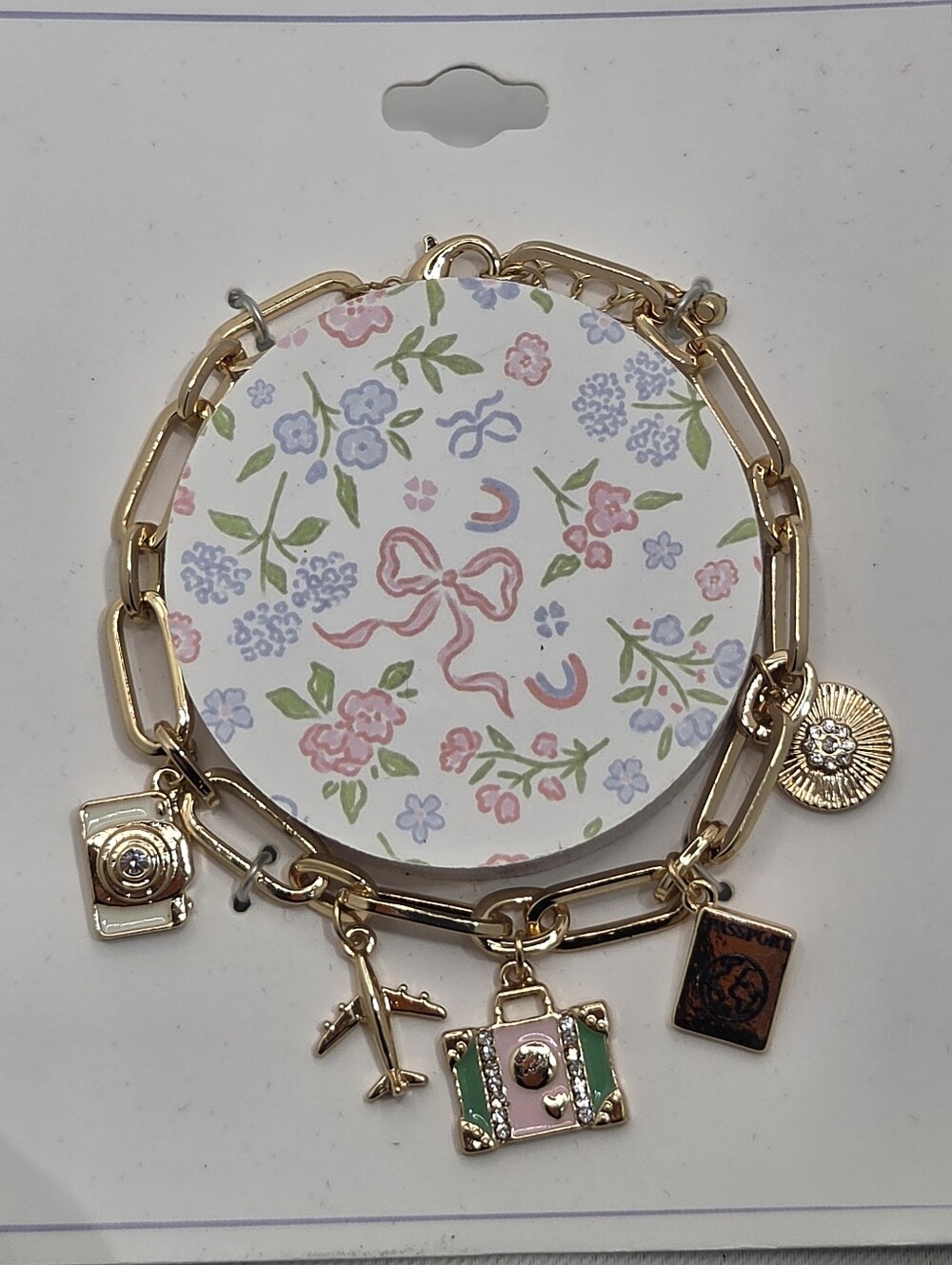 ✈️ Gold Vacation Travel Charm Bracelet Airplane Suitcase Passport Camera NWT ✈️